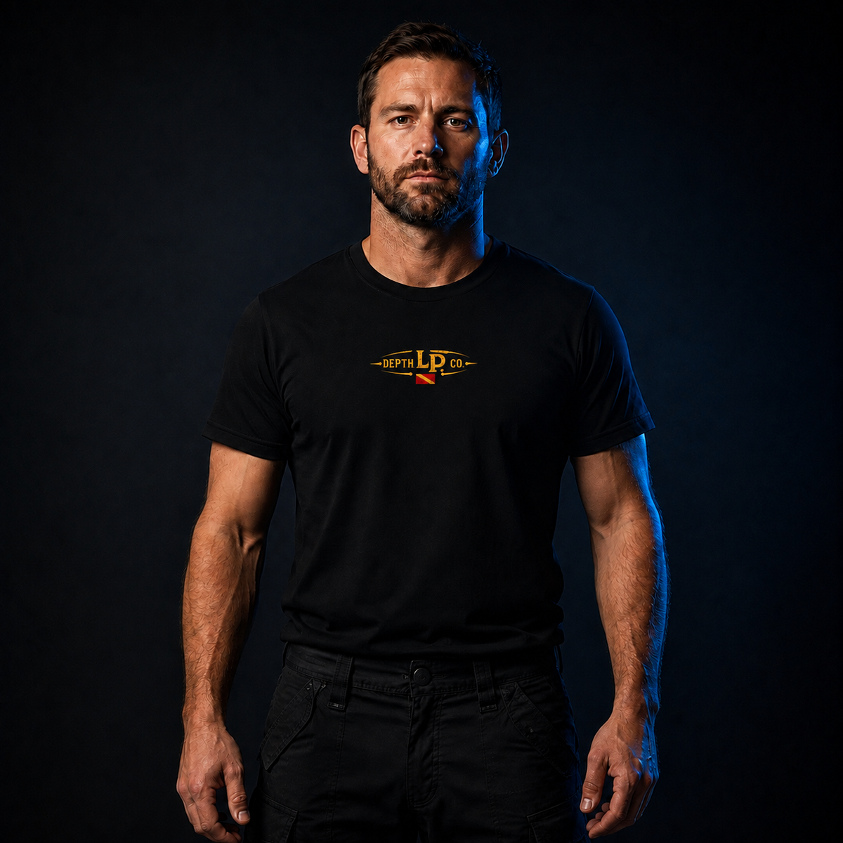Warden black tee — front studio view