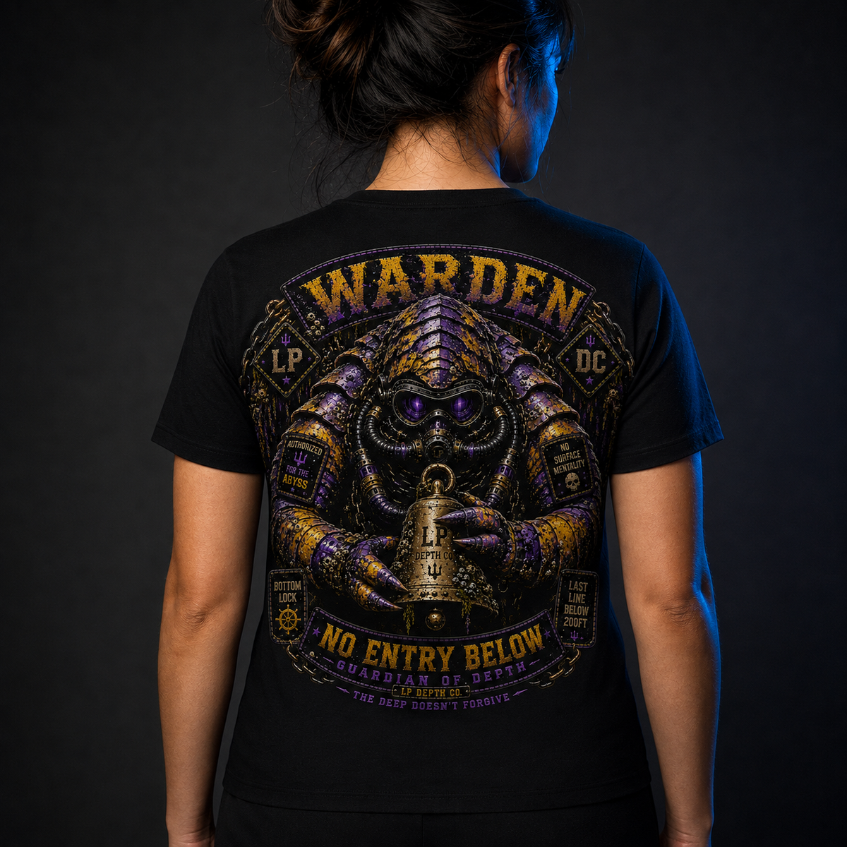 Warden black tee — back design view