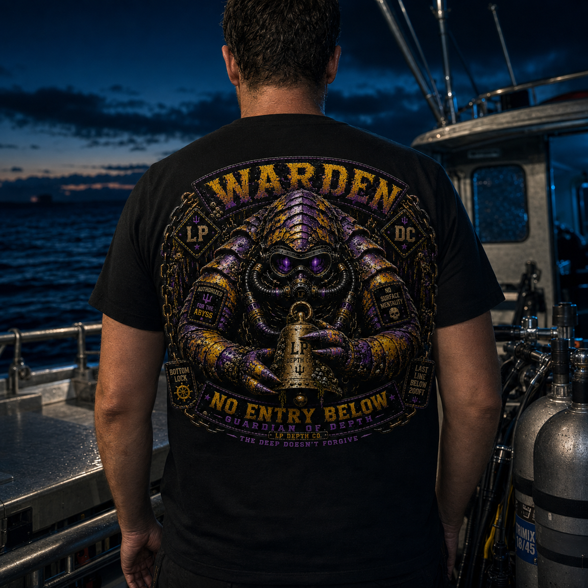 Warden black tee — dive-boat lifestyle view